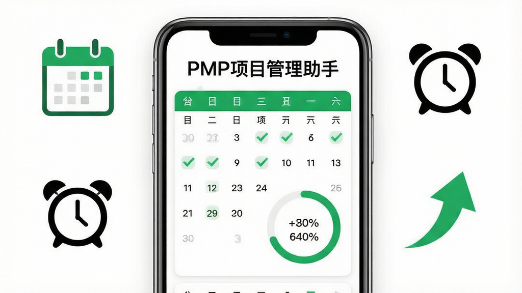 ����Ϊ�ֻ���Ļ��ʾѧϰ�ƻ���������Ȼ���ͼ����Ļ�Ϸ��С�PMP��Ŀ�������֡����⣻����Ϊ�ֻ����У���Χ������ͼ�ꡢ����ͼ�ꡢ������ͷ���Ű��࣬����Ϊ��ɫ�����ΪЧ�ʹ��߷磬��ɫ��׺��ϸ�ڰ��������ϵĹ�ѡ��ǡ�����ͼ�İٷֱ����֣����ʸ��壬�ɾ����޶���Ԫ��