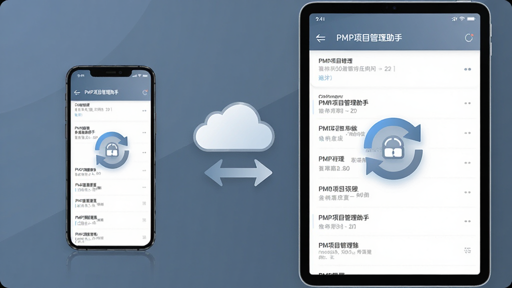 ����Ϊ�ֻ���ƽ�岢����ʾͬһӦ�ý��棬��Ļ��ʾ��PMP��Ŀ�������֡���ͬ��ͼ�ꣻ����Ϊ���豸���У��м����ƶ���˫���ͷ���Ű�Գƣ����Ϊ�Ƽ���Լ�磬����ɫ����ϸ�ڰ����豸�߿���Ļ�ڵ���Ŀ�б������ʸ��壬�ɾ����޶���Ԫ��