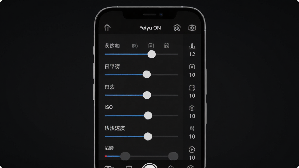 һ��չʾ����Feiyu ON����������ڽ����ʾ��ͼ���������ֻ���Ļ�ϵĲ���������壬����а����ع⡢��ƽ�⡢ISO�������ٶȵȻ������ֵ������Ϊ����չʾ�ֻ����棬��������ɫ���䣬���רҵ�Ƽ���ϸ�ڰ���������