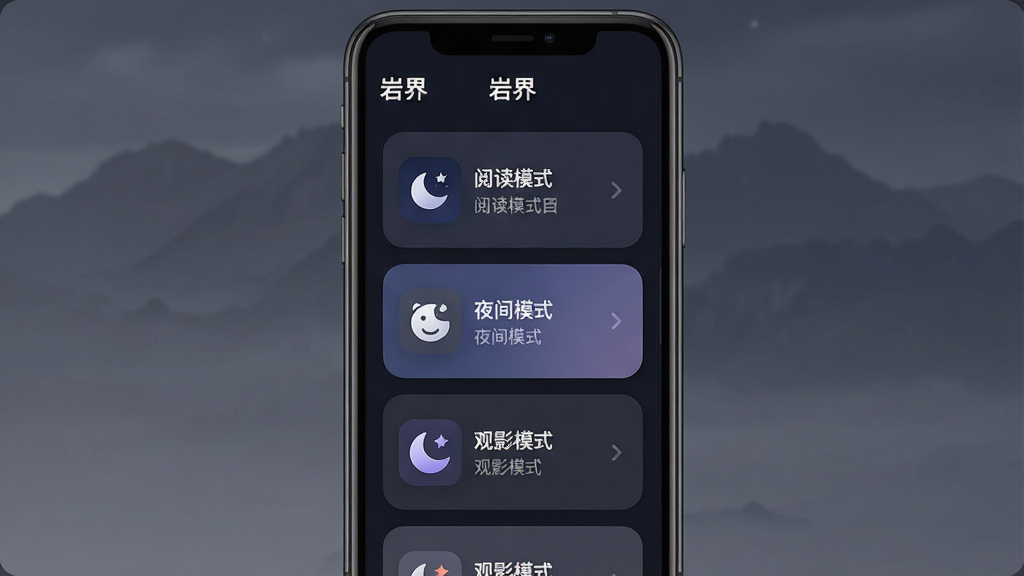 һ��չʾ�ҽ�App����ģʽ���ƹ��ܵĽ���ͼ������Ϊ�ֻ���Ļ��ʾ�������ģʽ��Ƭѡ������Ķ�ģʽ��ҹ��ģʽ����Ϸģʽ����Ӱģʽ�ȣ�ÿ����Ƭ���ж�Ӧͼ��ͼ��˵��������Ϊ��ɫ����ɫ�������涥����