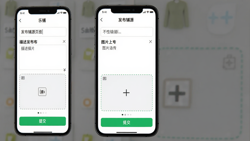 ����APP���������ͼ������չʾһ���ֻ���Ļ����Ļ��Ϊ����APP�ķ�����Դҳ�棬������������������ı���ͼƬ�ϴ�������ύ��ť��ҳ�沼�����������Ϊ���������ƶ���UI��ƣ�ϸ����ͻ���ϴ���������߿�ͼӺ�ͼ�꣬�����������ɾ����࣬�޶���Ԫ��