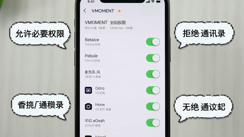 ����Ϊ�ֻ���Ļ��ʾVMOMENT��װȨ�����ý��棬�д洢����˷硢�����Ȩ�޿��أ�����Ϊ�ֻ�������У���Χ�бܿ���ʾ�������ݣ��Ű�������Ȩ�����б������Ϊ�̳�ͼ��磬ǳɫ������ϸ���Ͽ����п��йأ���������Ϊ��������ҪȨ�ޡ����ܾ�ͨѶ¼���������������ɾ����޶���Ԫ�ء�