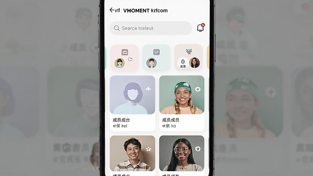 ����ΪVMOMENT��Ⱥ����ҳ�棬��Ļ��ʾ�����Ȥ��ǩ��Ƭ���û�ͷ���б�������Ϊ�ֻ����棬�Ϸ����������·�����������Ⱥ��Ƭ���Ű����룬��Ƭʽ��ƣ����Ϊ�����罻�磬��ɫ��ͣ�ϸ���Ͽ�Ƭ��ͼ��ͳ�Ա������ͷ��Ϊ��ͬ������������������ɾ����޶���Ԫ�ء�