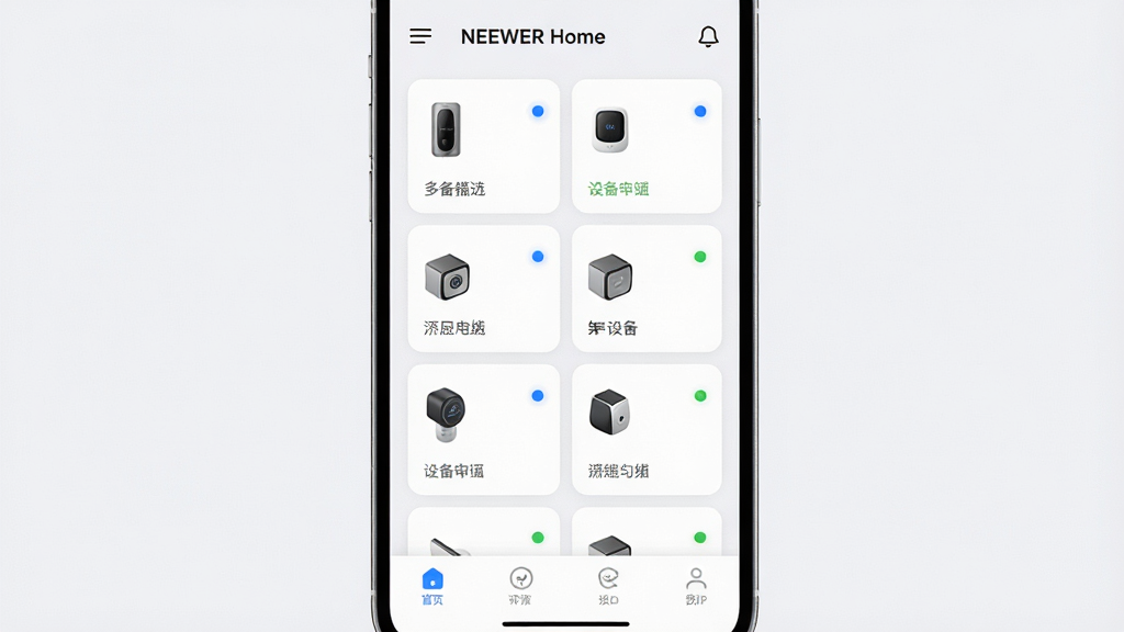 һ������NEEWER Home���豸ͳһ���빦�ܵ�AI��ͼ������Ϊһ���ֻ���Ļ��ʾNEEWER Home�豸�б����棬�������������ж���豸��Ƭ��ÿ����Ƭ�����豸ͼ��������״ָ̬ʾ�ƣ����ֲ������·ֲ�ṹ���Ϸ�Ϊ���������в�Ϊ�豸�����·�Ϊ�ײ����������Ϊ��ˬ��Լ��UIչʾ�磬ϸ�ڰ���ǳɫ������Բ�ǿ�Ƭ����ɫ����״̬�㣬���ʸ��壬����ɾ��޶���Ԫ��
