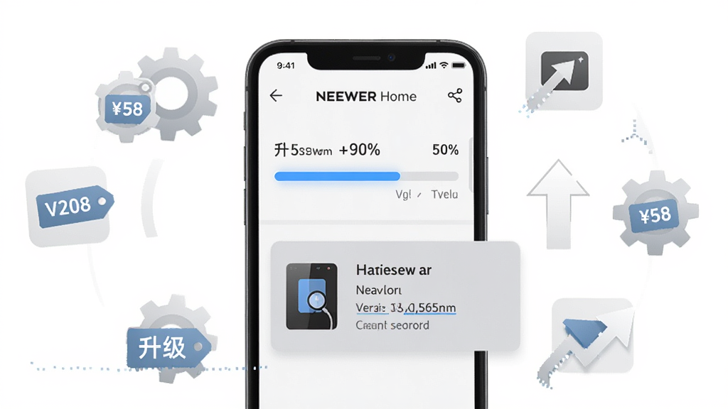 һ��չʾNEEWER Home�̼��������ܵ���ͼ������Ϊ�ֻ���Ļ��ʾ�̼��������������豸��Ϣ��Ƭ����Χ���Ƴ��֡��汾�ű�ǩ��������ͷ��Ԫ�أ�����Ϊ�����ֻ�������Ư��ͼ�꣬���Ϊ��Ƽ���ƽ�磬ϸ�ڰ�����ɫ����������ɫ��Ϣ��Ƭ�����ͼ�꣬���ʸ��壬����ɾ��޶���Ԫ��