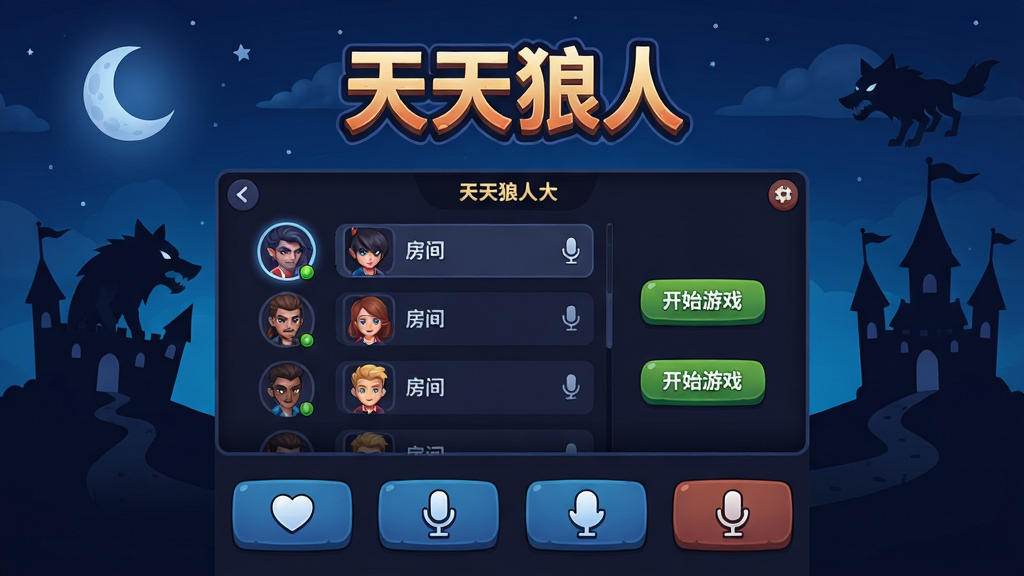 整体画面展示一款手机游戏界面,画面中央是天天狼人游戏主大厅,背景为深蓝色夜空与狼人剪影,大厅内显示玩家头像、房间列表与开始游戏按钮,布局采用上下结构,上方为游戏名称“天天狼人”艺术字,下方为功能按钮区域,风格为暗黑神秘与卡通社交结合,细节包含月亮、城堡、麦克风图标,画质高清,干净,无多余元素