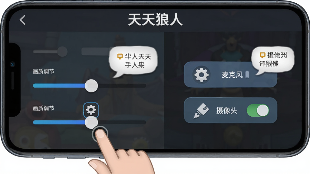 天天狼人新手操作界面示意图,画面展示手机屏幕中游戏设置菜单与权限开关,布局为左右分栏,左侧为画质调节滑块,右侧为麦克风与摄像头权限按钮,风格为简洁教程风,细节包含手指点击图标、设置齿轮、提示气泡,画质高清,干净,无多余元素,图片中文字“天天狼人”