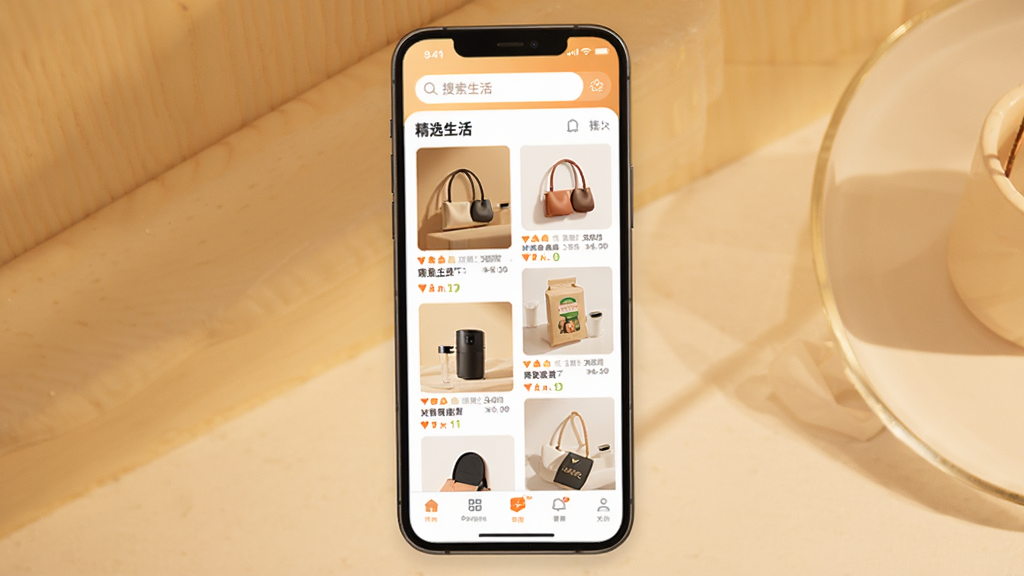 裕选生活APP主界面展示,手机屏幕中显示精选商品瀑布流,顶部搜索栏与底部导航清晰,暖色调背景,现代简约电商风格,画面干净,高清画质
