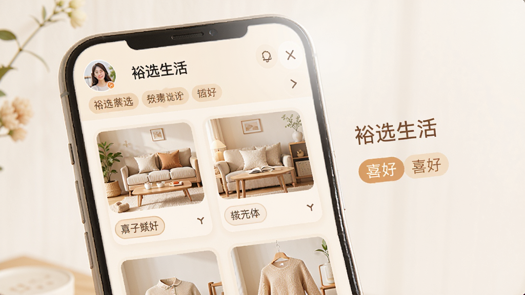 裕选生活个性化推荐页面,手机屏幕展示根据用户喜好排列的商品卡片,旁边有用户头像与喜好标签,温馨居家风格,文字标注“裕选生活”,干净背景,高清画质