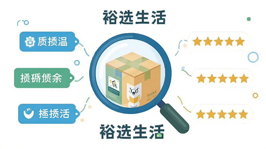 裕选生活品质选品流程图,画面中央是放大镜与商品包装盒组合,周围环绕质检标签与五星评价图标,扁平化插画风格,配色清新,文字标注“裕选生活”,干净背景,高清画质