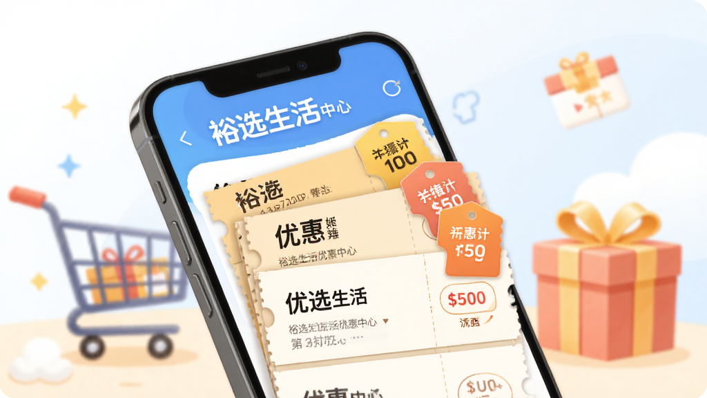 裕选生活优惠中心界面,手机屏幕显示优惠券堆叠与折扣标签,背景有购物车和礼盒元素,明亮活泼的插画风格,文字标注“裕选生活”,画面整洁,高清画质