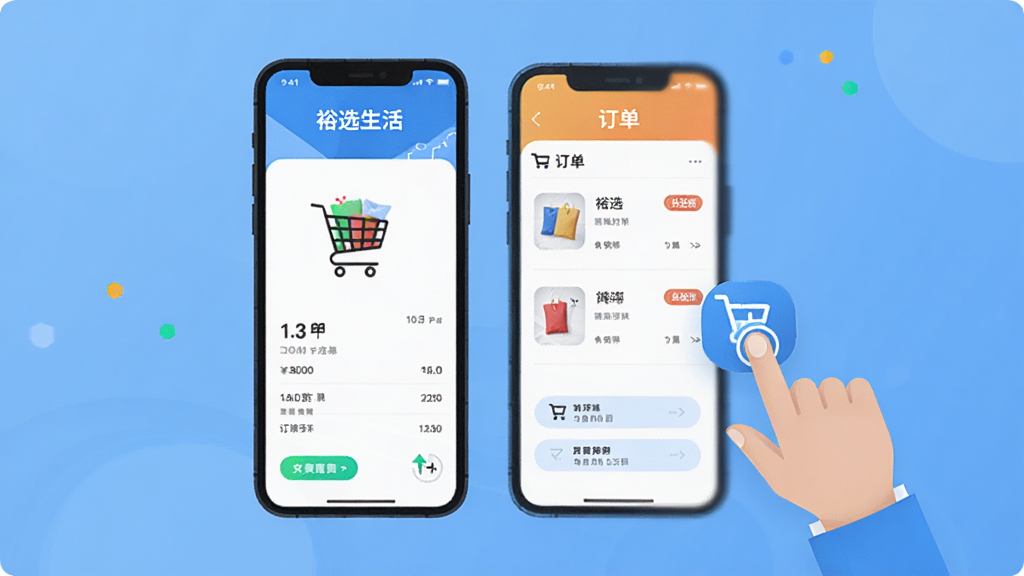 裕选生活手机端操作示意图,画面展示手机屏幕中购物车与订单页面,旁边有手指点击图标,扁平化科技风格,文字标注“裕选生活”,背景简洁,高清画质