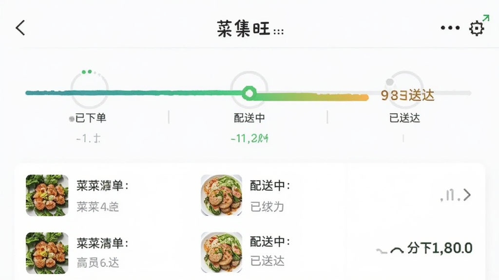 菜集旺应用订单详情页面截图风格,页面展示配送进度条从已下单到配送中再到已送达,下方有菜品清单与合计金额,界面简洁明亮,画质清晰,无杂乱元素