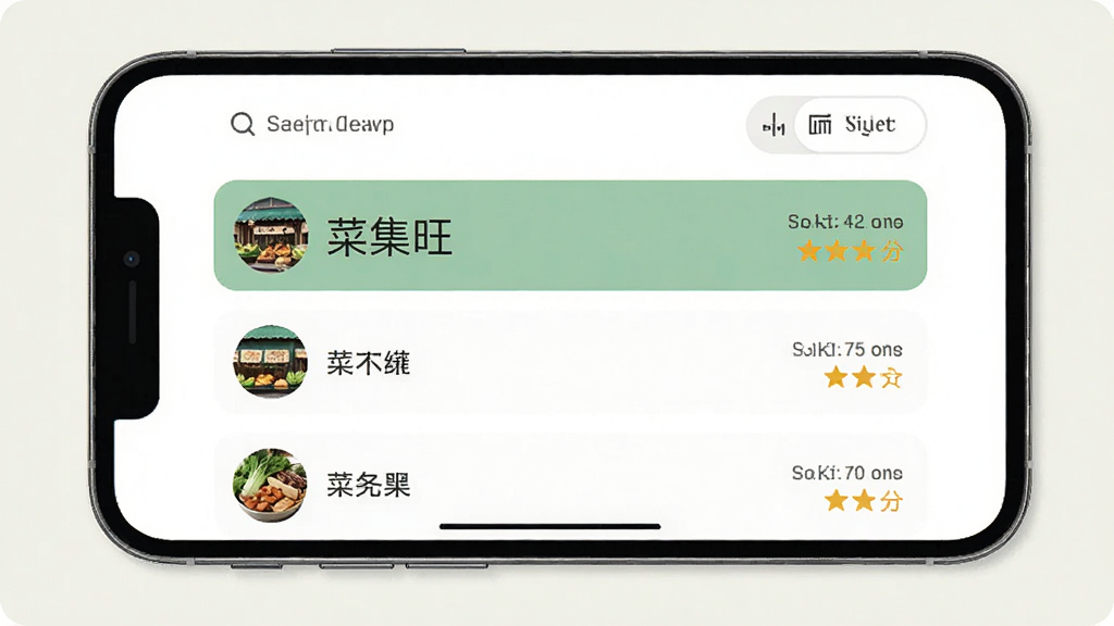 手机屏幕显示菜集旺附近菜场列表页面,左侧是商户头像与名称,右侧是距离与评分,屏幕上方有搜索和筛选按钮,整体为卡片式布局,配色清爽,画质干净清晰