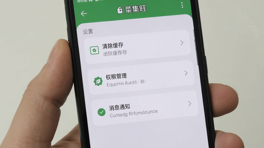 手机屏幕展示菜集旺应用设置页面,包含清除缓存、权限管理、消息通知等选项,界面为浅灰色背景白色卡片,风格简约,画质清晰干净