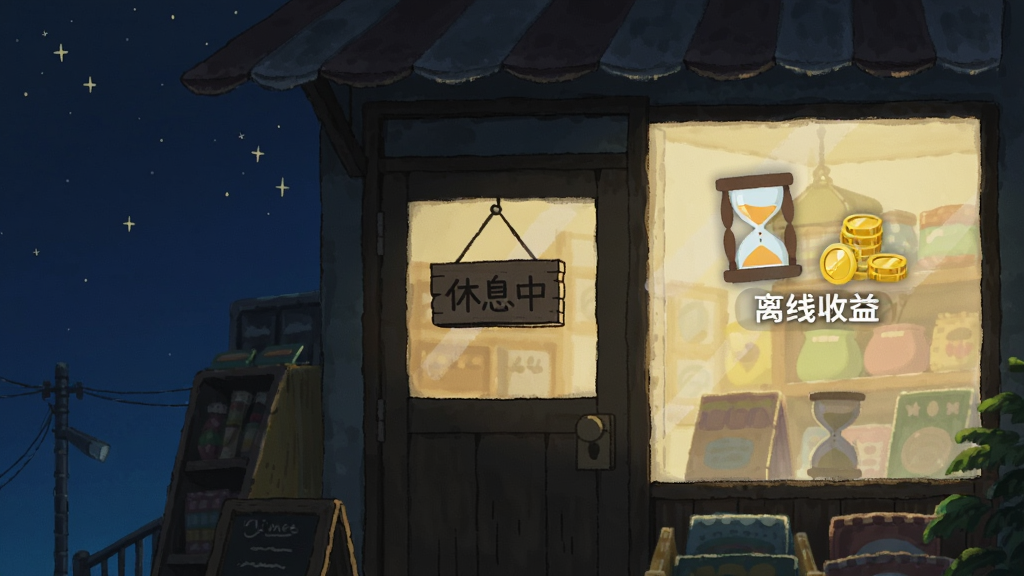 画面描绘时光杂货店打烊后的夜晚场景,店铺灯光熄灭但橱窗仍亮着微光,门口挂着“休息中”木牌,旁边有一个沙漏图标和金币堆叠的浮层提示离线收益,星空背景,手绘水彩风格,色调深蓝与暖黄对比,画面安静温馨,高清画质,无多余元素。