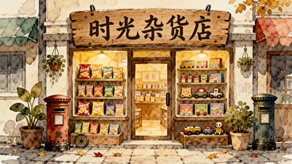 画面中央是一家温馨的复古杂货店门面,木质招牌上写着“时光杂货店”五个字,店铺两侧摆放着绿植和旧式邮筒,橱窗内透出暖黄色灯光,货架上陈列着各式怀旧零食与玩具,门前石板路上散落几片落叶,整体采用手绘水彩风格,色调柔和温暖,画面干净整洁,无多余元素,高清画质。