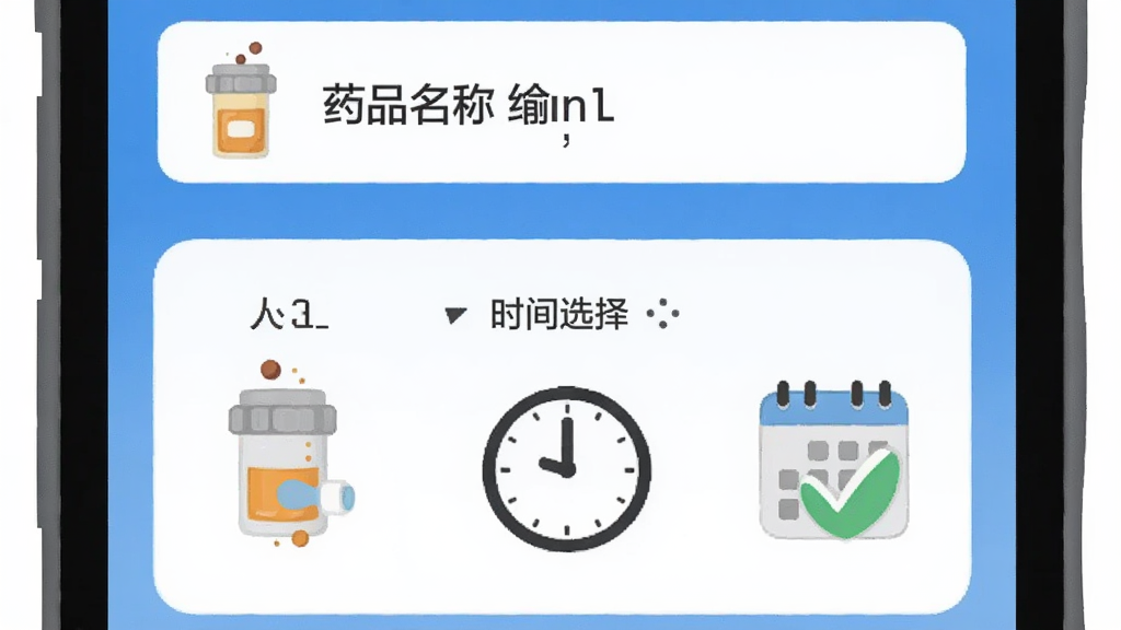 ������һ���ֻ���Ļ��ʾ��ҩ�������ý��棬����Ϊ���½ṹ���Ϸ���ҩƷ����������·���ʱ��ѡ���������Ϊ��๤����UI�廭��ϸ�ڰ���ҩƿ��ʱ�Ӻʹ򹴵�����ͼ�꣬�����������ɾ����޶���Ԫ��