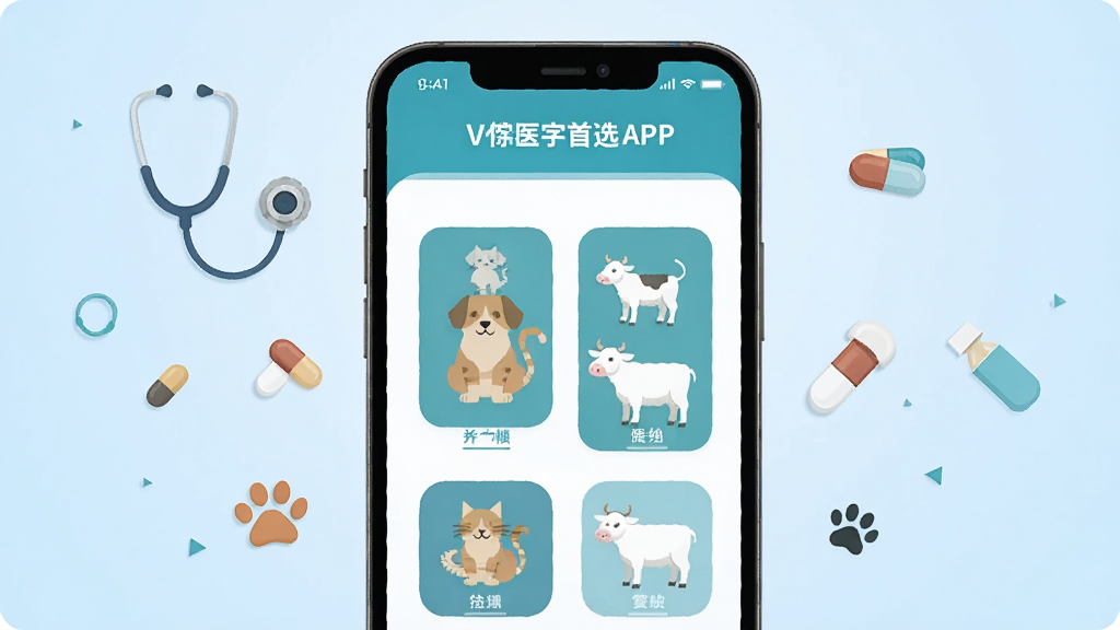������һ̨�����ֻ�����Ļ����ʾ����ҽ��ѡAPP����ҳ���棬�������г���è����ţ���ͼ�꣬�����ڻ������룬�����Ǹɾ���ǳ��ɫ���䣬���Ϊ��ƽ���Ƽ��廭��ϸ�ڰ����ֻ���ΧƯ������������ҩ�衢צӡ��СԪ�أ������������ɾ����޶���Ԫ��