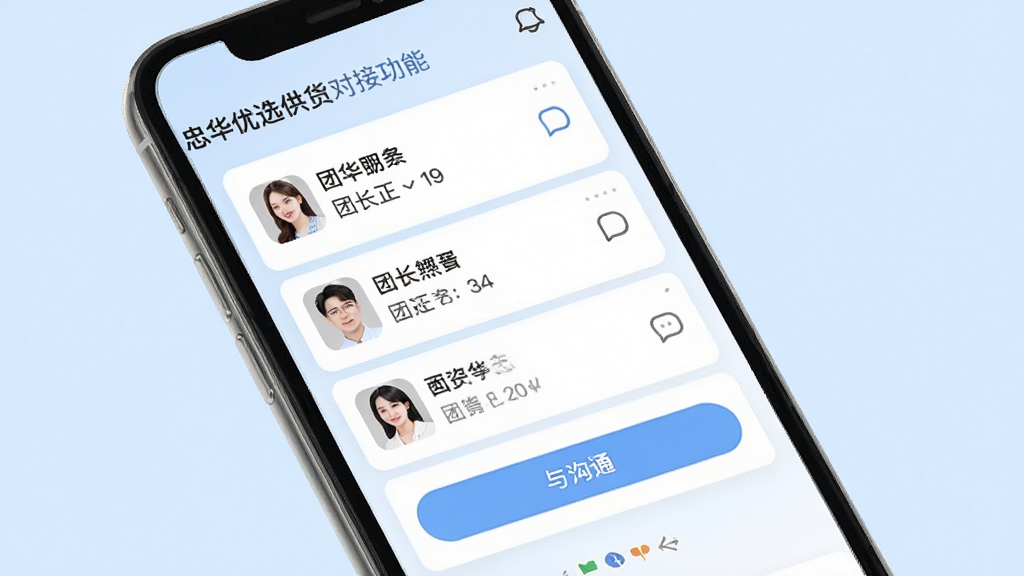 忠华优选供货对接功能界面,手机屏幕展示团长列表与沟通按钮,界面以卡片式布局排列,背景为柔和浅蓝色,风格清爽简约,细节清晰,画质高清,干净,无多余元素