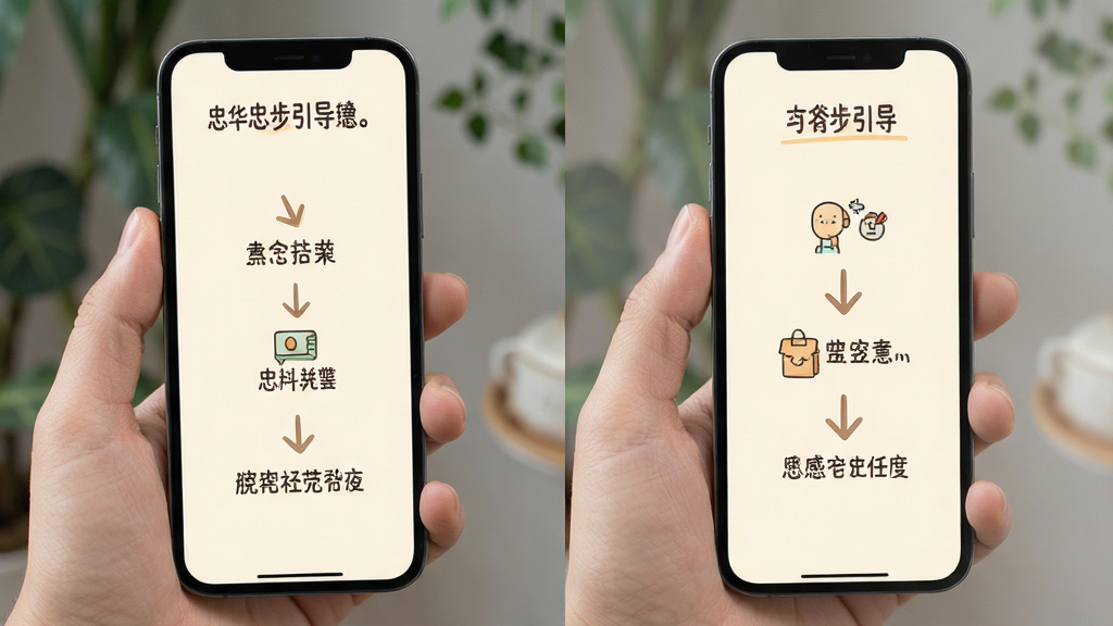 忠华优选新手操作引导页面,手机屏幕展示分步引导提示,包含箭头指示与文字说明,背景为柔和米白色,风格清新友好,细节清晰,画质高清,干净,无多余元素