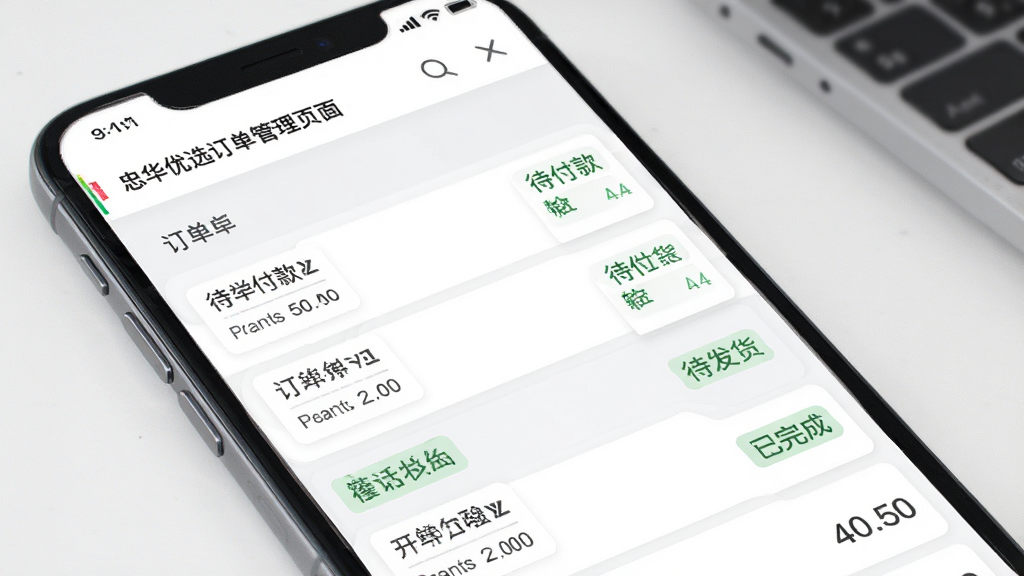 忠华优选订单管理页面,手机屏幕显示订单列表与状态标签,包含待付款、待发货、已完成等分类,界面排版整齐,背景为白色与浅灰色搭配,风格简洁商务,细节清晰,画质高清,干净,无多余元素
