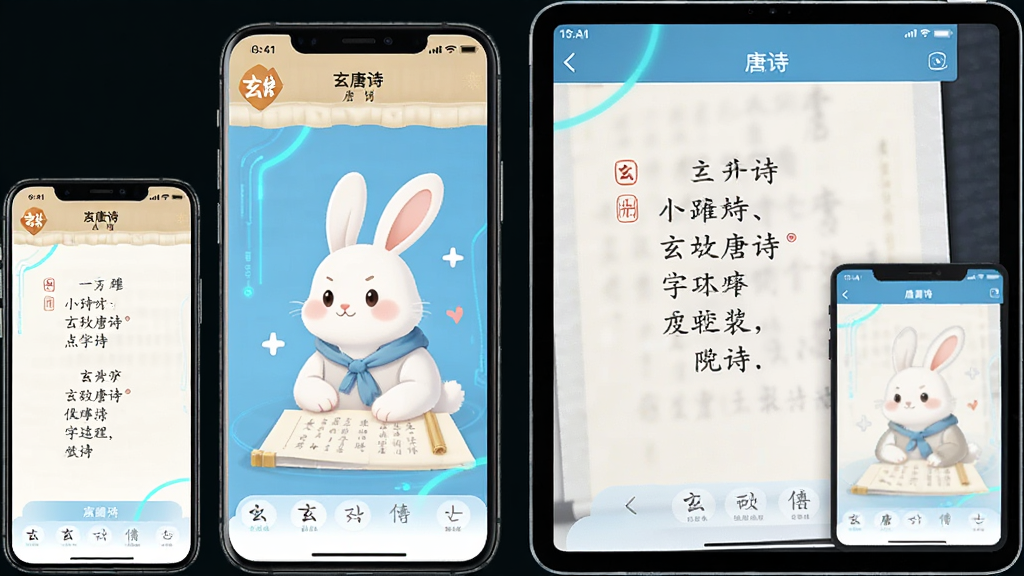 һ��չʾ�����õ���ʫ���ֻ���ƽ���豸�����е�AI����ͼ������Ϊ���豸ͬ��չʾʫ��ѧϰ���棬�����ڻ������룬�Ű�Ϊ���Ҳ��У����Ϊ�Ƽ�����������ϣ�ϸ�ڰ����豸�߿򡢽���Ԫ������ʫ���֣����ʸ���ɾ��޶���Ԫ��
