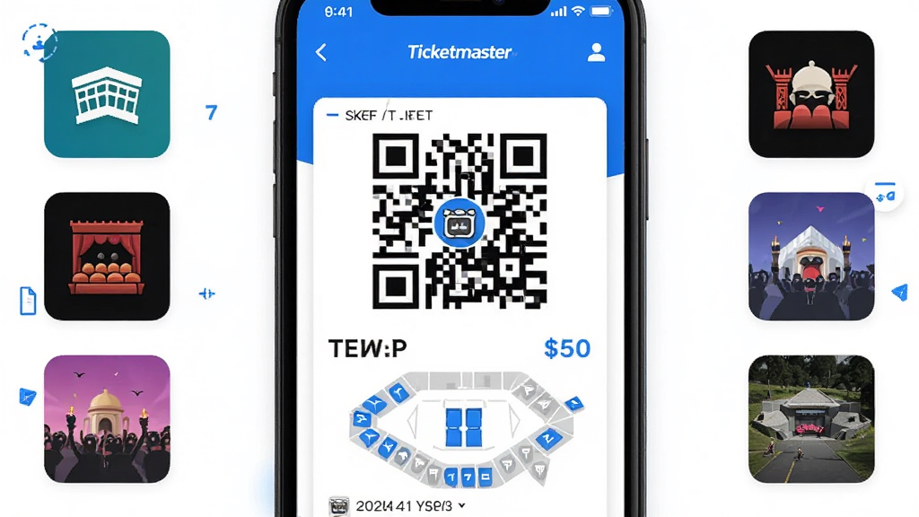 һ��Ticketmaster�ֻ�Ӧ�ý����ͼ����������չʾ�ݳ������Ʊ��ά��ͻ��λͼ����Χ�����������¡���Ժ�ݳ������ֽڵ�Сͼ�꣬���ּ���������Ű���������ɫΪ��������ִ��Ƽ��У�ϸ�ڰ���Ʊ��Ƭ���۸��ǩ����������ͼ�����ʸ���ɾ��޶���Ԫ��
