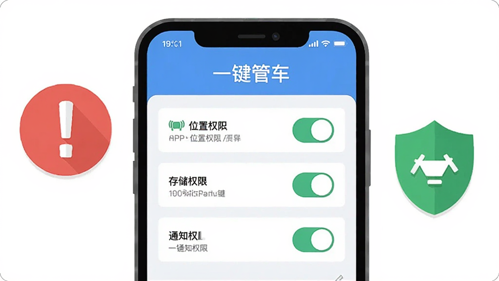��������Ϊ�ֻ���Ļ��д����Ļ��ʾ��һ���ܳ���APP��Ȩ������ҳ�棬�Ա���һ����ɫ��̾��ͼ�����ɫ����ͼ�ꡣ����Ϊ���й�ͼ�����Ϊ��ƽ��UI�廭��ϸ�ڰ���λ��Ȩ�ޡ��洢Ȩ�ޡ�֪ͨȨ�޵Ŀ��ذ�ť���Լ���һ���ܳ������֡������������ɾ����޶���Ԫ�ء�