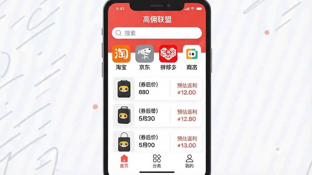 һ���ֻ�Ӧ�ý����ͼ���廭����������չʾ����Ӷ���ˡ�APP��ҳ�棬��ɫ��Ϊ��ɫ���ɫ��������������Ŀ���·����Ա���������ƴ���ȵ���ƽ̨ͼ��������У�ҳ���в�����Ʒ�Ż�ȯ�б���ÿ����Ʒ�Ա�עȯ�����Ԥ���������ײ�����������ҳ�����ࡢ�ҵĵȰ�ť�����岼����������ƽ����ƣ����ʸɾ����޶���Ԫ��