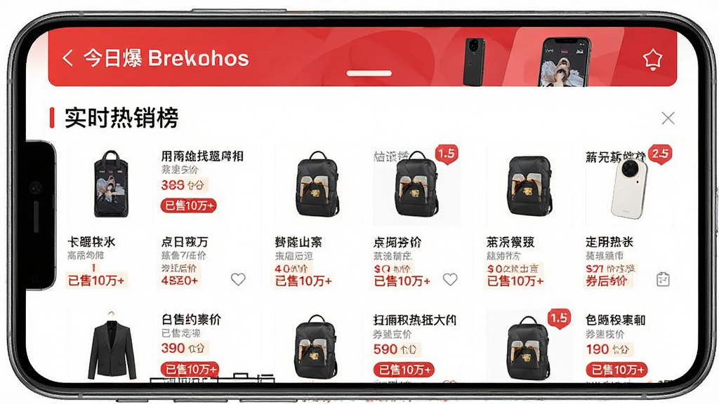 һ���ֻ�����չʾͼ����Ӷ����APP�ڵġ�ʵʱ������ҳ�棬�б�չʾ�����Ʒ��ÿ����Ʒ��������ͼ�����ơ�ȯ��ۺ͡�����10��+����ǩ�������С����ձ�������������ɫ�����䣬�Ű����룬�����������޶���Ԫ��