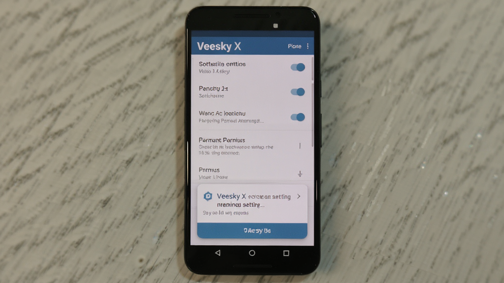 ������Veesky X�����ڰ�׿�ֻ��ϵİ�װȨ�����ý��棬����Ϊ�ֻ���Ļ������ʾ����ѡ���б����Ű����������Ϊ��ʵ�ֻ���ͼ���ϸ�ڰ���Ȩ�޿��ذ�ť������˵����ϵͳ���������ʸ��壬�ɾ����޶���Ԫ��