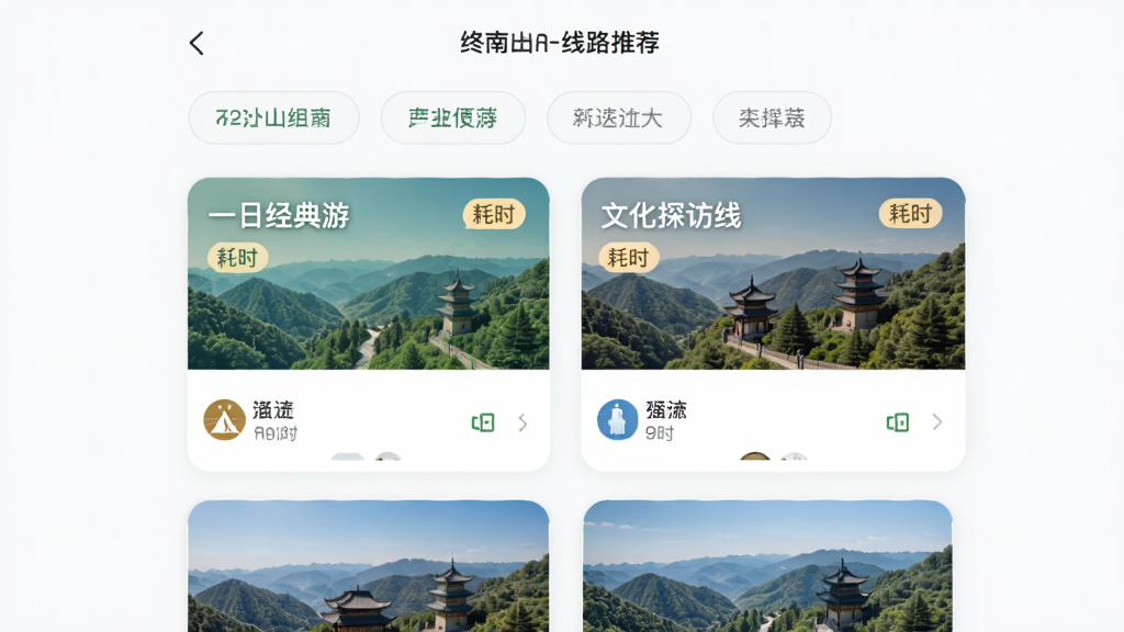 ����Ϊ����ɽAPP��·�Ƽ�ҳ�棬����Ϊ��Ƭʽ�б����Ű��Ϸ�Ϊɸѡ��ǩ�·�Ϊ��·��Ƭ�����Ϊ���¼�Լ��ϸ�ڰ�����һ�վ����Ρ����Ļ�̽���ߡ��ȿ�Ƭ����ʱ��ǩ����������ͼ�����ʸ��壬�ɾ����޶���Ԫ��