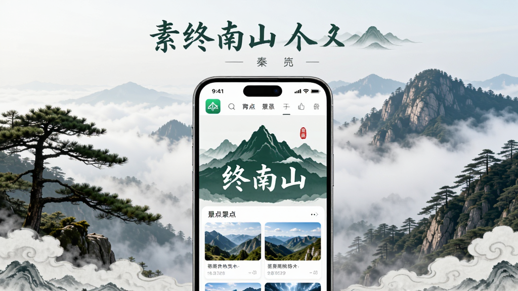 ����Ϊһ�������ֻ�����Ļ����ʾ����ɽAPP����ҳ���棬������������ɽɽ������ͼ�롰����ɽ���������֣��������������Ƶ�����ɽ��ʵ��������Ϊ����չʾ�ֻ�����Χ�����������ƺ�Ԫ�أ��Ű�������½ṹ�Ϸ�Ϊ�����·�Ϊ�ֻ������Ϊ�й���ɽˮд�⣬ϸ�ڰ���Appͼ�ꡢ�����������㿨Ƭ�����ʸ��壬�ɾ����޶���Ԫ��