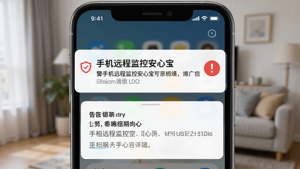 画面主体为一部手机屏幕弹出“手机远程监控安心宝”的告警通知弹窗,弹窗旁有一个红色的感叹号图标,布局采用上下分层构图,上方为手机顶部状态栏,下方为通知详情,背景为模糊的室内场景,风格为UI界面展示风,细节上通知文字清晰可辨,画质干净利落,无多余元素。