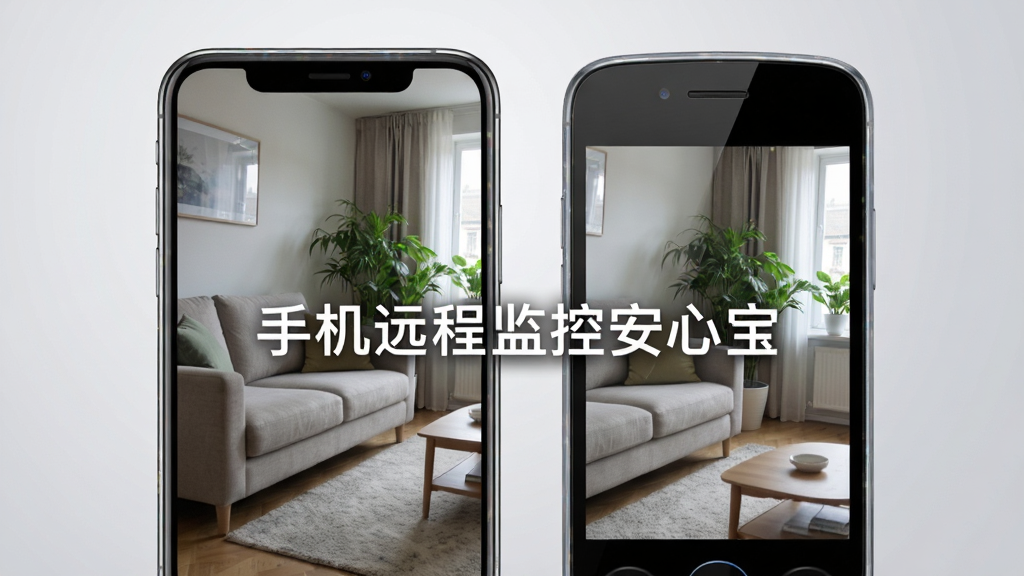画面主体为一部智能手机与一部旧手机并排摆放,手机屏幕中显示着家庭客厅的实时监控画面,画面中央有一行白色文字“手机远程监控安心宝”,布局采用左右对称构图,背景为柔和的浅灰色渐变,风格为现代科技感写实风,细节上手机边框带有轻微反光,监控画面中有沙发、绿植与窗户,画质清晰锐利,干净整洁,无多余元素。