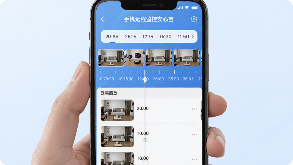 画面主体为一部手机显示“手机远程监控安心宝”的云端回放界面,界面中有时间轴和录像缩略图,布局采用上下结构,上方为日期选择栏,下方为录像列表,背景为淡蓝色渐变,风格为科技数据风,细节上时间轴刻度清晰,画质干净整洁,无多余元素。