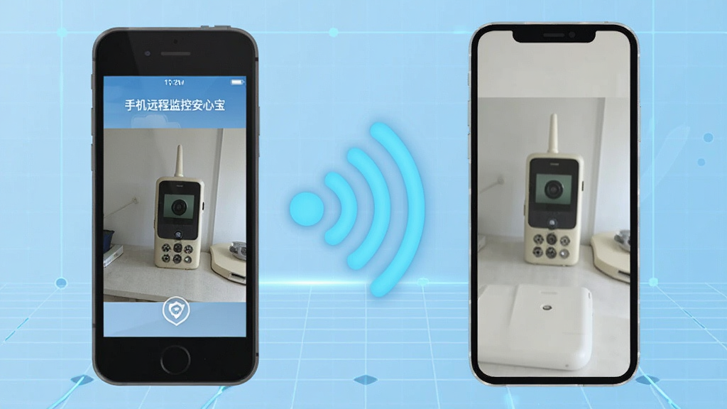 画面主体为一部手机与一部旧手机通过WiFi信号图标相连,旧手机屏幕显示“手机远程监控安心宝”摄像头端画面,新手机屏幕显示观看端画面,布局采用左右呼应构图,中间用无线信号波纹连接,背景为浅蓝色科技网格,风格为扁平化信息图风,细节上信号波纹带有发光效果,画质干净清爽,无多余元素。