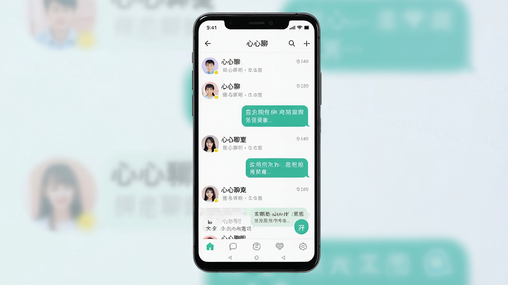 一张展示心心聊软件主界面的手机预览图,画面中央是一部竖屏安卓手机,手机屏幕内显示心心聊聊天列表界面,包含头像、昵称、消息气泡等元素,背景为浅色渐变,整体布局简洁清晰,风格现代扁平化,细节上突出聊天气泡和底部导航栏,画质高清,干净,无多余元素。