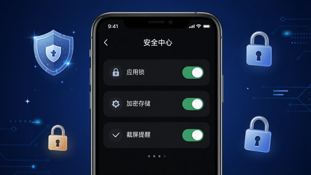 心心聊隐私安全设置界面图,画面中一部手机屏幕显示安全中心页面,包含应用锁、加密存储、截屏提醒等开关选项,界面以深色模式呈现,手机周围有盾牌和锁形图标作为装饰元素,背景为深蓝色渐变,风格科技感十足,细节上突出安全图标和开关状态,画质清晰,干净,无多余元素。