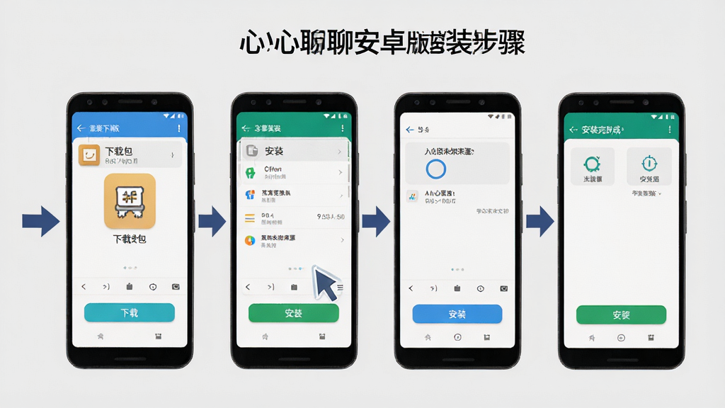 心心聊安卓版安装步骤示意图,画面中一部手机屏幕依次展示下载安装包、点击安装、允许未知来源、安装完成四个步骤的界面截图,手机周围有箭头引导视线,背景为浅灰色,风格教程类扁平化设计,细节上突出每一步的操作按钮,画质高清,干净,无多余元素。