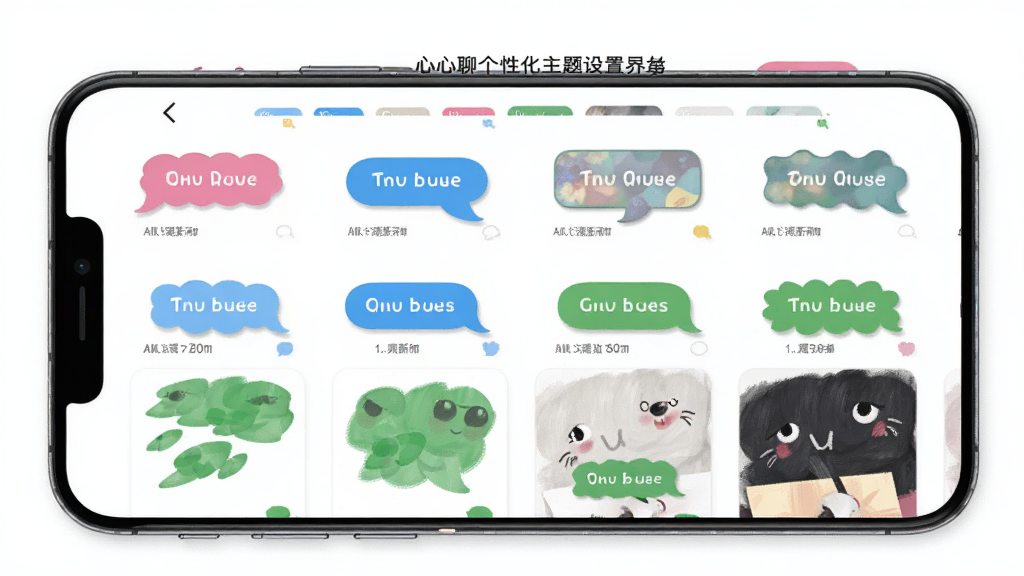 心心聊个性化主题设置界面图,画面中一部手机屏幕展示多种聊天气泡样式和主题皮肤选项,包含粉色、蓝色、绿色等多种配色方案,界面布局为网格状排列,背景为白色,风格清新活泼,细节上突出气泡形状和颜色差异,画质高清,干净,无多余元素。