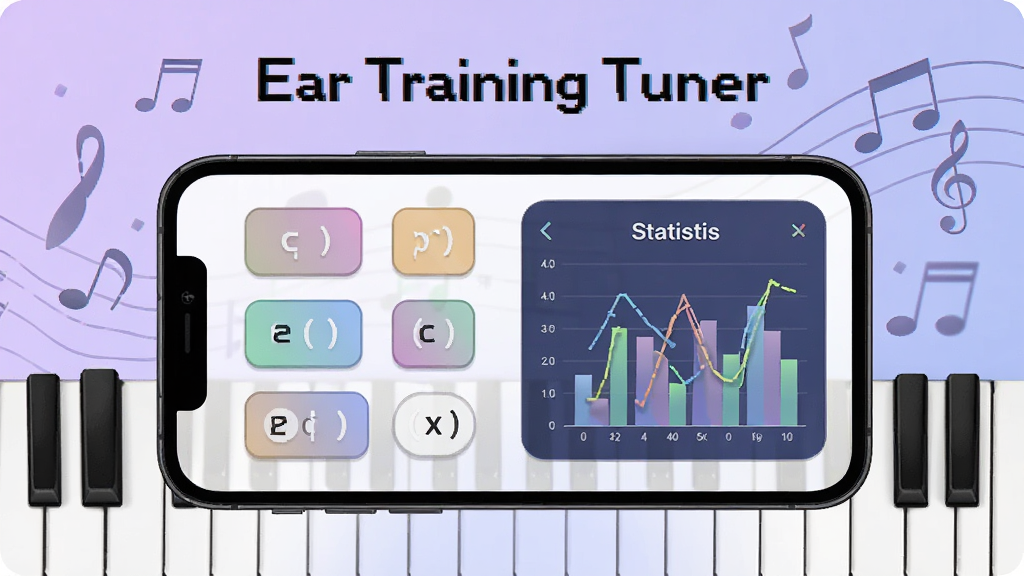 һ��չʾEar Training Tuner��ģʽ����ѵ�����ܵ�ʾ��ͼ����������Ϊ�ֻ���Ļ����ʾ���̱�ʶ��ϰ���棬�����������ť���Ҳ���ͳ��ͼ��������Ϊ����ɫ���䣬���и��ټ���������װ��Ԫ�أ���������죬���������ɾ����޶���Ԫ�أ�ͼƬ�����ֱ�ע