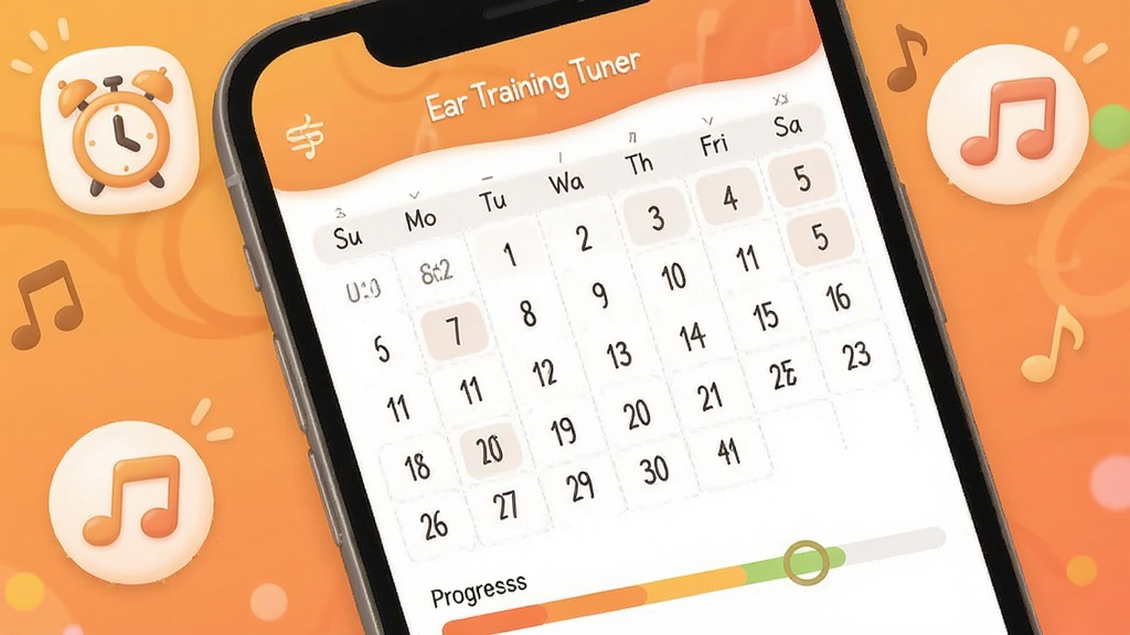 һ��չʾEar Training Tuner�Զ�����ϰ�ƻ������ʾ��ͼ���ֻ���Ļ��ʾ����ʽ��ϰ�ƻ����������������Ϊů��ɫ���䣬��������������ͼ�꣬�����ܰ�Ѻã����������ɾ����޶���Ԫ�أ�ͼƬ�����ֱ�ע