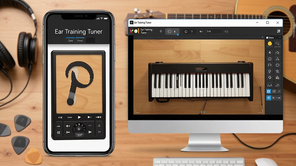 һ��չʾEar Training Tuner���ֻ������ģ������ͬʱ���е�ʾ��ͼ�����Ϊ�ֻ�������ʾ�������棬�Ҳ�Ϊ������Ļ��ʾģ�������ڣ�����Ϊľ�����棬���ж����뼪����ƬԪ�أ����дʵ��࣬�����������޶���Ԫ�أ�ͼƬ�����ֱ�ע