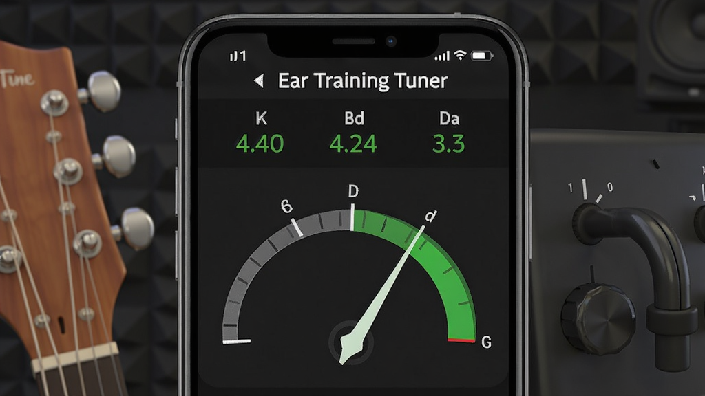 һ��չʾEar Training Tuner���������ܵ�ʾ��ͼ����������Ϊ�ֻ���Ļ��ʾ����ָ����棬ָ��ָ����ɫ�����ʾ��׼��ȷ����Ļ�Ϸ���ʾ������Ƶ����ֵ������Ϊ���ɫ¼���ҷ�����м�����ͷ�������ťԪ�أ����רҵ��࣬�����������޶���Ԫ�أ�ͼƬ�����ֱ�ע