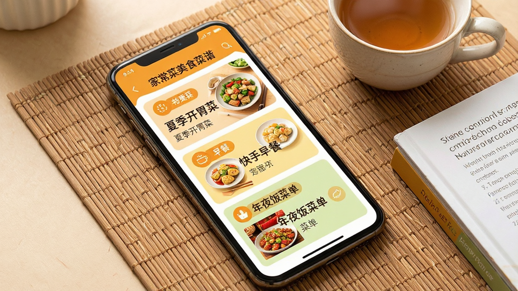 ������չʾ���ҳ�����ʳ���ס�Ӧ��ר���Ƽ�ҳ�棬�ֻ���Ļ���С��ļ���θ�ˡ���������͡�����ҹ���˵�����ר�⿨Ƭ����Ƭ����Сͼ�Ͳ������ֻ�б�������Ʋ͵��ϣ��Ա���һ�����һ��ʳ�ס����ֲ��öԽ��߹�ͼ���ֻ�Ϊ���塣�Ű濨Ƭ�������¡����Ϊ��ů����磬ɫ���Ȼ���ǳ�̡�ϸ�ڰ���ר���ǩ��Сͼ�ꡢ���ֱ��⣬�����������ɾ����޶���Ԫ�ء�