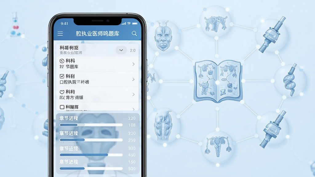 口腔执业医师鸣题库章节练习界面展示图,画面主体为一部手机,屏幕显示科目列表和章节进度条,背景是淡蓝色的医学知识图谱元素,整体风格专业简洁,画质干净清晰,无多余装饰。