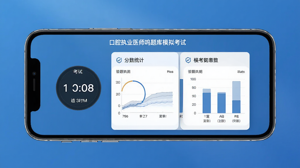 口腔执业医师鸣题库模拟考试界面展示图,手机横屏显示考试计时器和答题卡,屏幕上带有分数统计图表,背景是简洁的蓝色渐变,整体风格严肃专业,画质清晰,无多余杂乱元素。