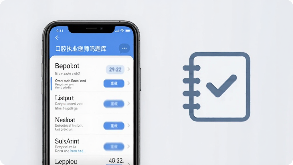 口腔执业医师鸣题库错题本功能展示图,手机屏幕显示错题列表和重做按钮,旁边有一个打勾的笔记本图标,背景是柔和的浅灰色,整体风格清爽干净,画质细腻,无多余元素。